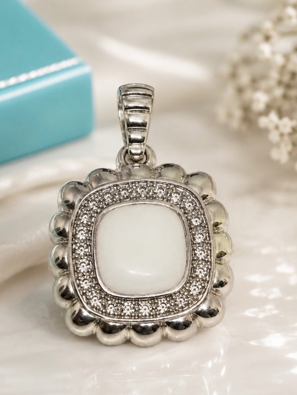 John Hardy Milky quartz Diamond Pendant Enhancer Bedeg Collection 925 silver